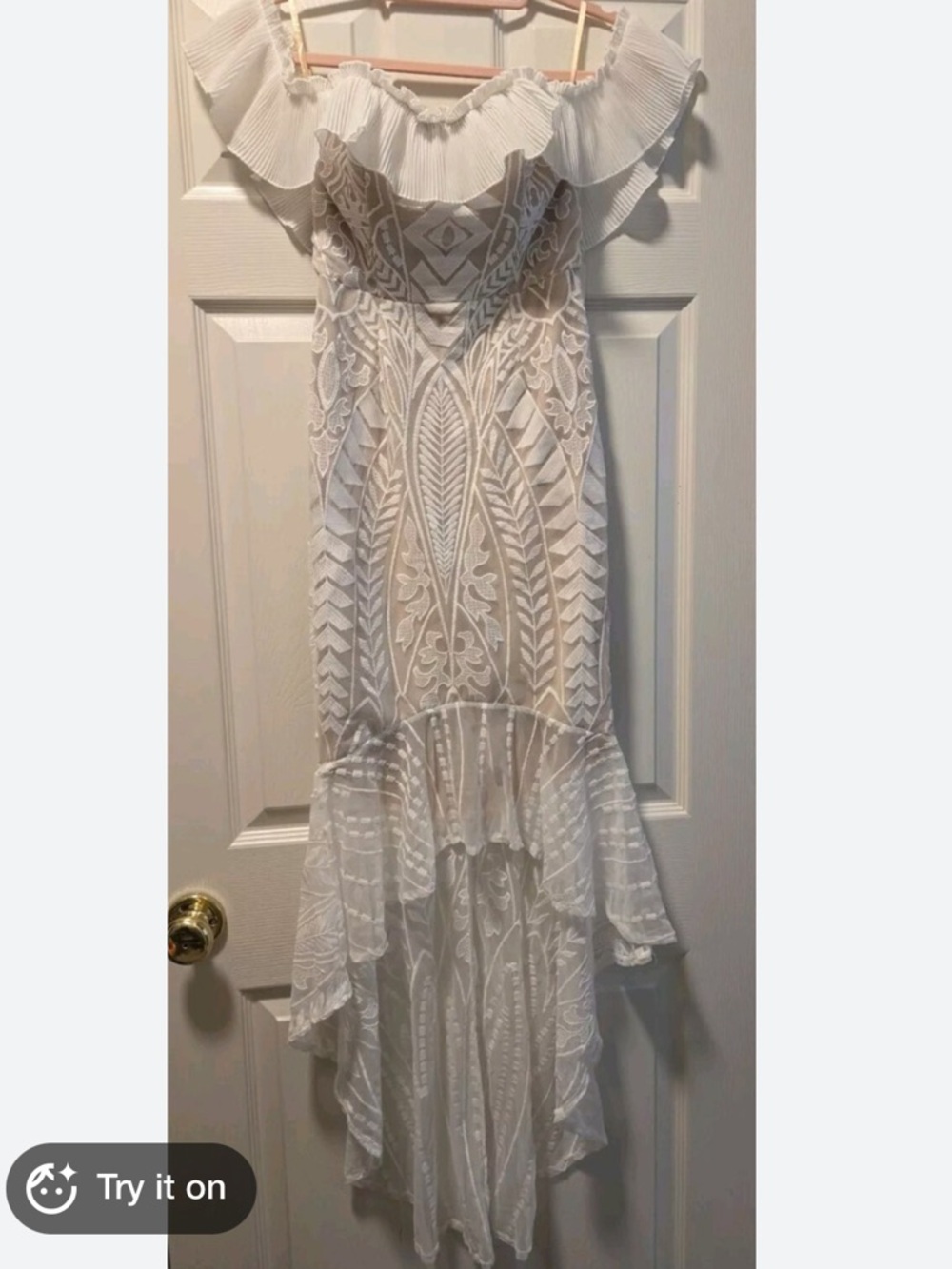 White Lace Ruffled Off-Shoulder Midi Dress